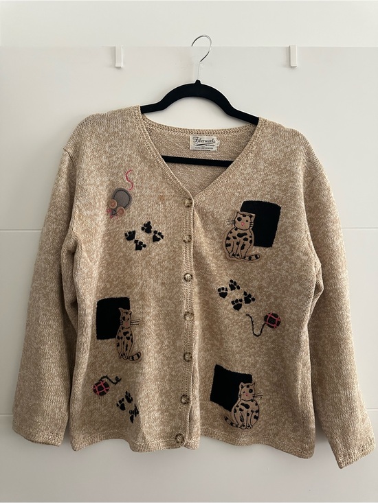 Vintage Sweaters - Vintage Embroidered Cat and Mouse Cotton Cardigan Sweater